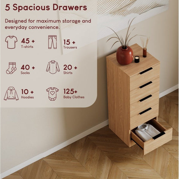 Modern 5 Drawer Narrow Chest of Drawers Dresser Space Saving Storage Organizer Bedroom Furniture