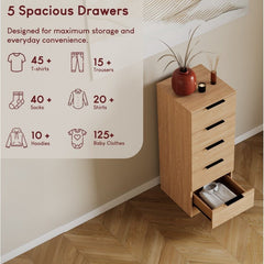 Modern 5 Drawer Narrow Chest of Drawers Dresser Space Saving Storage Organizer Bedroom Furniture