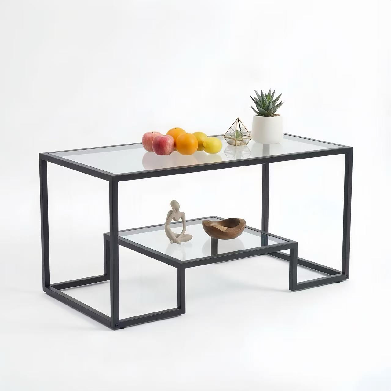 Alivio Modern Coffee Table with Metal Frame & Shelves Storage (Glass)