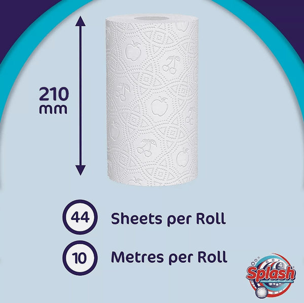 Splash 2-Ply Kitchen Roll 4-Pack Disposable Paper Tissue 72 Rolls White Paper Embossed Strong & Functional
