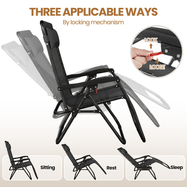 Costoffs 2PCS Zero Gravity Chair Foldable Patio Chair Outdoor, 65cm/72cm Lounge Camping Chair with Unfixed Padded Pillow/Armrest/Footrest, Black/Beige/Grey/Navy Blue for Outdoor Use Only