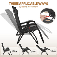 Costoffs 2PCS Zero Gravity Chair Foldable Patio Chair Outdoor, 65cm/72cm Lounge Camping Chair with Unfixed Padded Pillow/Armrest/Footrest, Black/Beige/Grey/Navy Blue for Outdoor Use Only