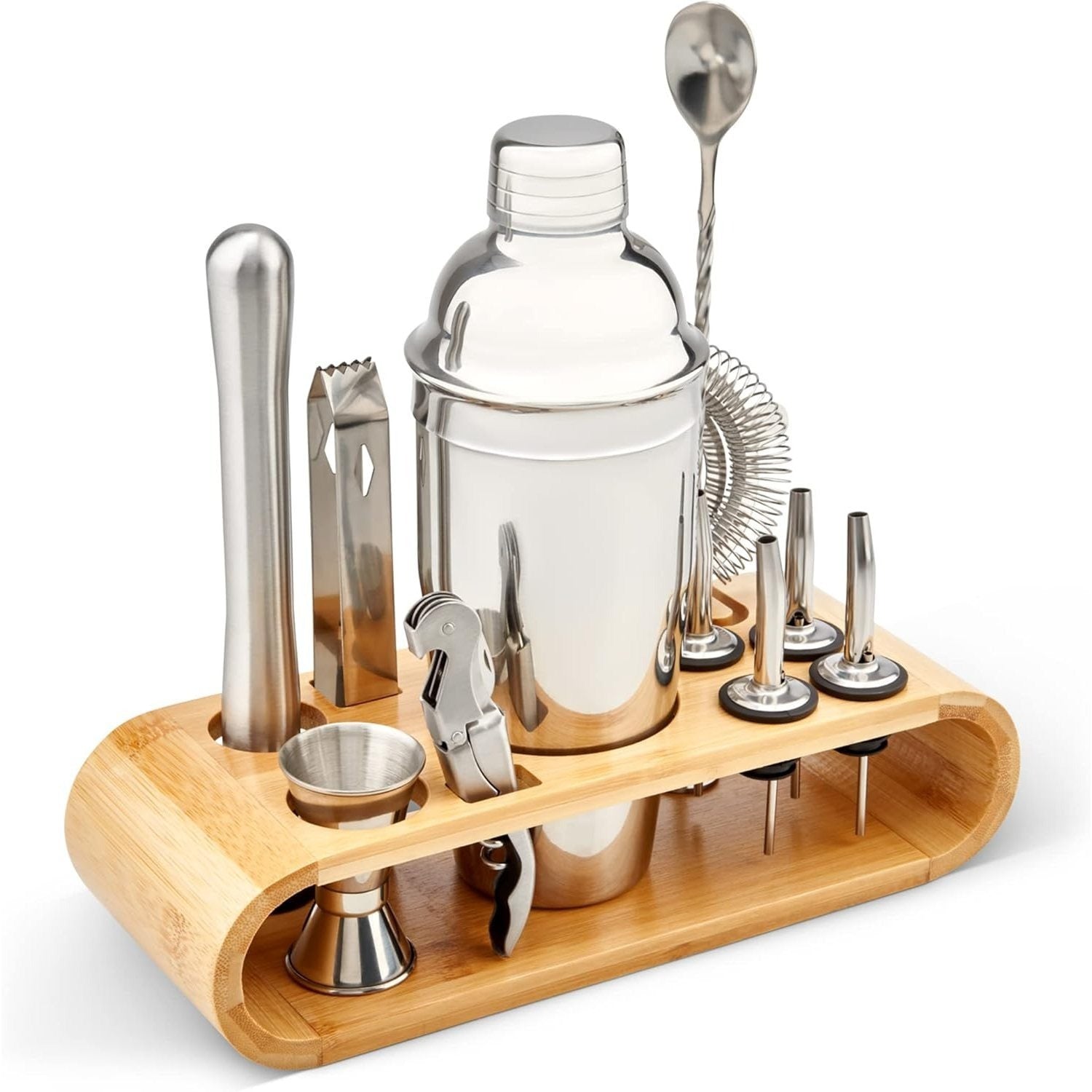 Tanness 12 Piece Cocktail Shaker Set - Stainless Steel Cocktail Accessories - Bartender Kit with Drink Shaker, Jigger, Spoon, Strainer, Corkscrew, Ice Tongs, Pestle, Pourers, Bamboo Display Stand