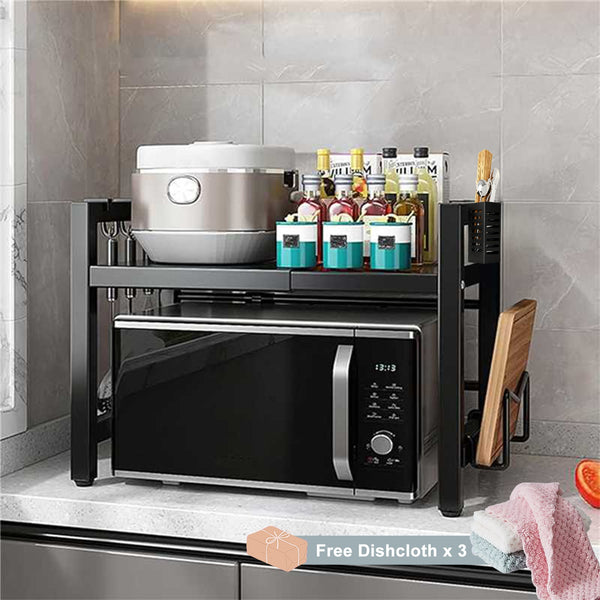 2/3-tier Expandable Microwave Oven Rack Countertop with 4 Hooks, Includes A Chopstick Holder, Cutting Board Holder, And 3 Towels. Kitchen Storage And Organization; Adjustable From 40-64cm; Suitable for All Kitchens (black, White).
