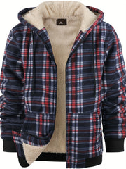 Men's Heavyweight -Lined Hooded Jacket - Full-Zip Plaid Thickened Shirt with Pockets and Adjustable Drawstring, Comfortable and Warm for Autumn and Winter