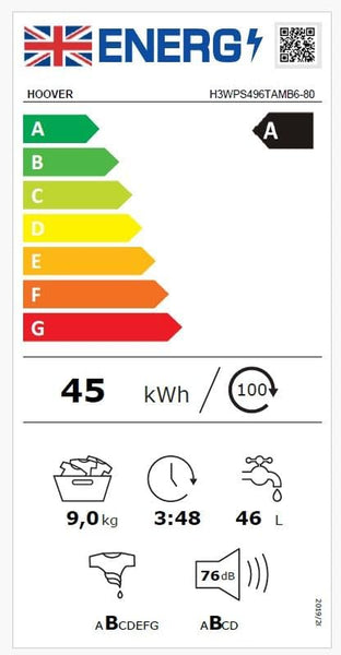 Hoover H-WASH 350 9Kg Freestanding Washing Machine, 1400 RPM, a Rated, Eco-Power Inverter Motor, Hon App, 60 Programmes, Eco Doser, Power Care System, White, 60X53X85 Cm - H3WPS496TAMB6-80