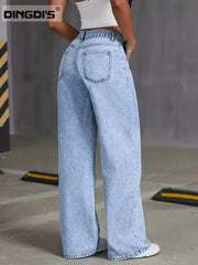 Women's New Fashion Stretchy Straight Jeans, Loose Comfort Fit Wide Leg Jeans, Acid Washed Light Blue Denim Trousers with Pockets, Elegant Women's Clothing, High Waisted Tummy Control Pantalones. Baggy Casual Pants for Travel, Work and Office Wear.