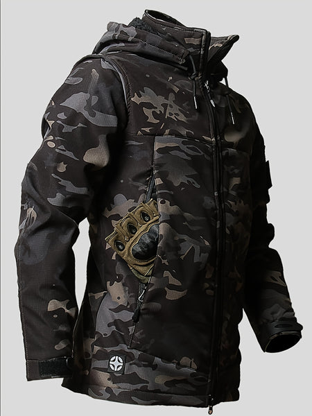 Men's Autumn and Winter Plush and Thick Fleece Suit Jacket, Long Pants, Warm Outdoor Wear Resistant Hiking, Multi Pocket Plush Suit Jacket Set, Detachable Hat Zipper Outdoor Jacket Set, Workwear Camouflage