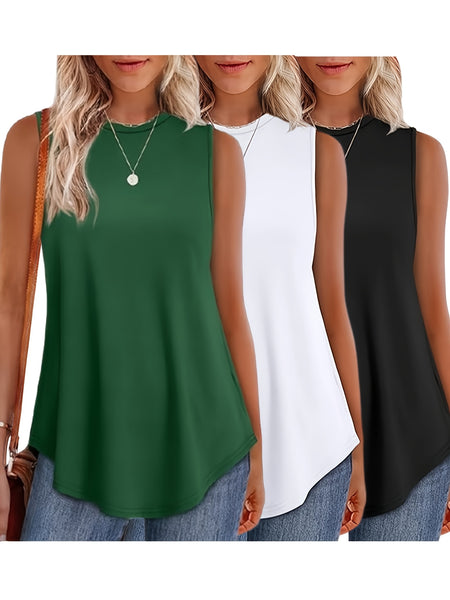 Women'S 3pcs Casual Sleeveless Tank Tops - Loose Fit, Round Neck, Solid Color, All-Season Comfort, Polyester Blend, Machine Washable, Ladies Tank Tops