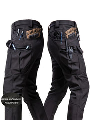 Men'S Stretchy Black Cargo Work Pants - Elastic Waist, Multi-Pocket Design for Hiking & Everyday Comfort, Durable & Comfort Fit, Outdoor Pants|Casual Cargo Pants|Glossy Finish Pant