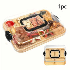 1-Piece Bamboo Cheese Tray with Transparent Acrylic Lid - Portable Charcuterie Board for Camping, Parties, Restaurants. Ideal for serving holiday appetizers, deli meats, and snacks. Reversible as a cutting board, with a secure snap-on lid to keep food fre