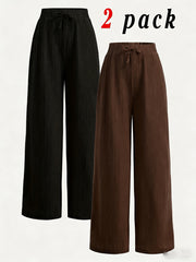 2pcs Women's Wide-Leg Pants with Elastic High Waist Loose Fit Straight Leg + Step