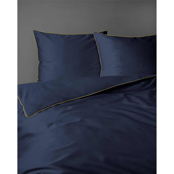 Luxury Dark Blue Duvet Cover Set with Gold Trim – 100% Cotton Sateen – Opulent Hotel Style Bedding for Single, Double, and King Beds
