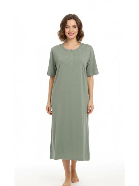 Women'S Nightdress Soft Comfortable Short Sleeve Nightie Button Front Embroidered Sleep Dress Loose Fit Midi Lounge Nightwear House Dress S-XXL