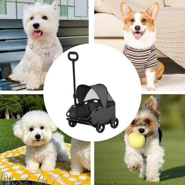 Small Dog Cat Stroller Folding Travel - Small Puppy Pet Stroller with Safety Rope, 4 Wheel Dog Carriage with Adjustable Canopy, Lightweight Outdoor Puppy Kitten Carrier for Park Beach Shopping Mall