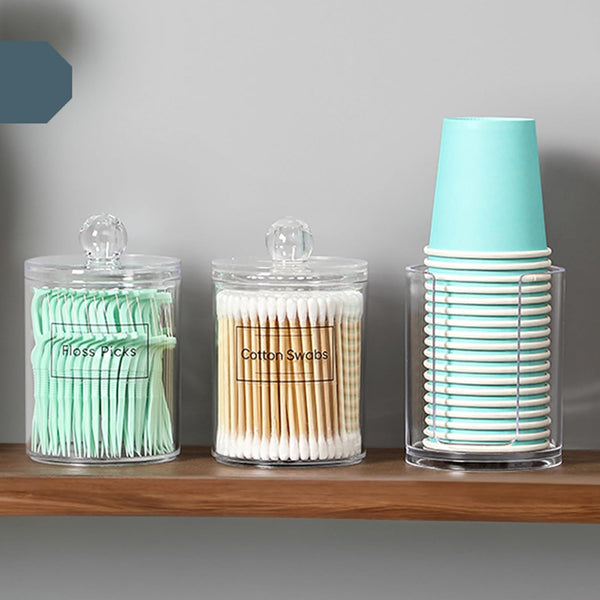 4 Pcs, Acrylic Qtip Holder Dispenser for Cotton Ball, Cotton Swab, Cotton round Pads, Floss - Clear Plastic Apothecary Jar Set for Bathroom Canister Storage Organization, Vanity Makeup Organizer