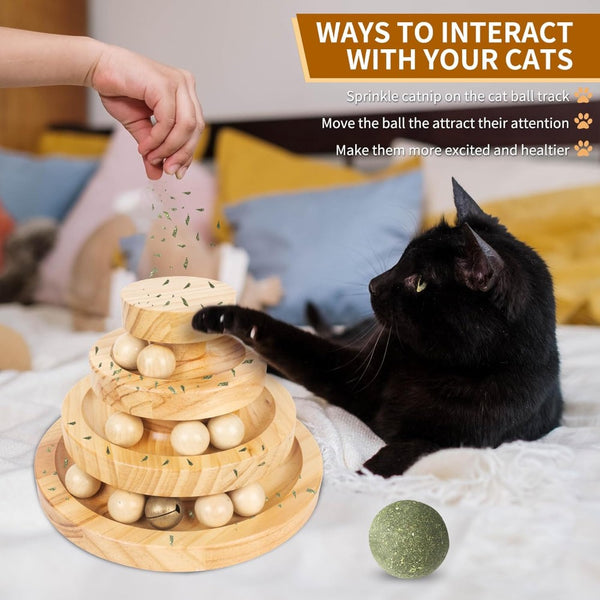 Cat Toys for Indoor Cats, Wooden Cat Ball Toy with Three Layer Track, Interactive Cat Toy with Bell, Safe and Robust, Indoor Cat Toys for Stimulation, Suitable for Cats Adult or Kitten