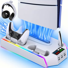 for PS5/Slim/ Pro Stand Disc & Digital Console, RGB Cooling & Charging Station with 3-Level Fan, Controller Charger for PS5 Controller, Accessories with 3 USB Ports/Cooling Fan/Headset Holder