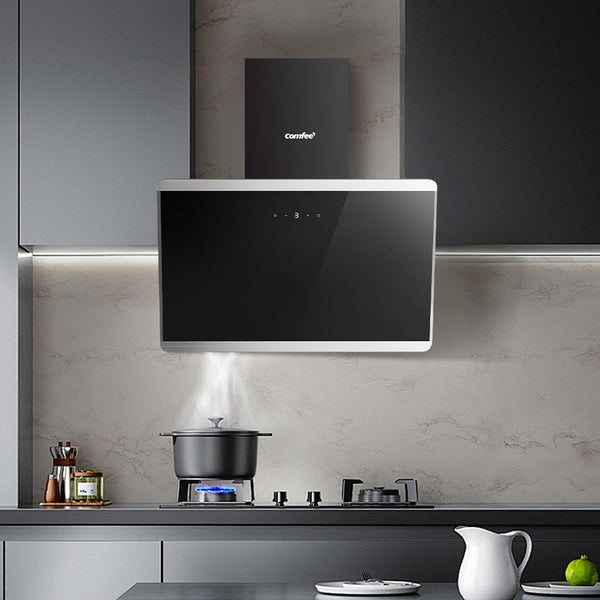 Midea COMFEE' 60cm Angled Cooker Hood Energy Class A++ - Tempered Glass Extractor Hood with Touch Screen, LED Lights, Recirculating & Ducting System, Wall-Mounted Black Kitchen Fan, A Must-Have for Every Home Kitchen