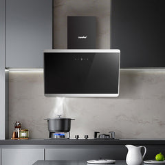 Midea COMFEE' 60cm Angled Cooker Hood Energy Class A++ - Tempered Glass Extractor Hood with Touch Screen, LED Lights, Recirculating & Ducting System, Wall-Mounted Black Kitchen Fan, A Must-Have for Every Home Kitchen