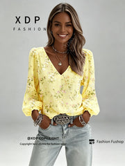 2D Flat Print Retro Western Style Shirt| V-neck Women's Long-sleeved Top with Colorful Small Floral Print, Bohemian Style Lantern Sleeve Design, Machine Washable, Suitable for Casual Attire and Vacations, 2D Flat