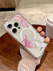 Phone case: 1pc Transparent Wireless Magnetic Lily Flower Design Phone Case, Soft+ Hard Material, Suitable as a Holiday Gift Compatible with iPhone 15 16 Pro/Pro Max/14 15 16 Plus, Anti-Fingerprints and Scratch-Resistant, Shockproof Anti-Drop
