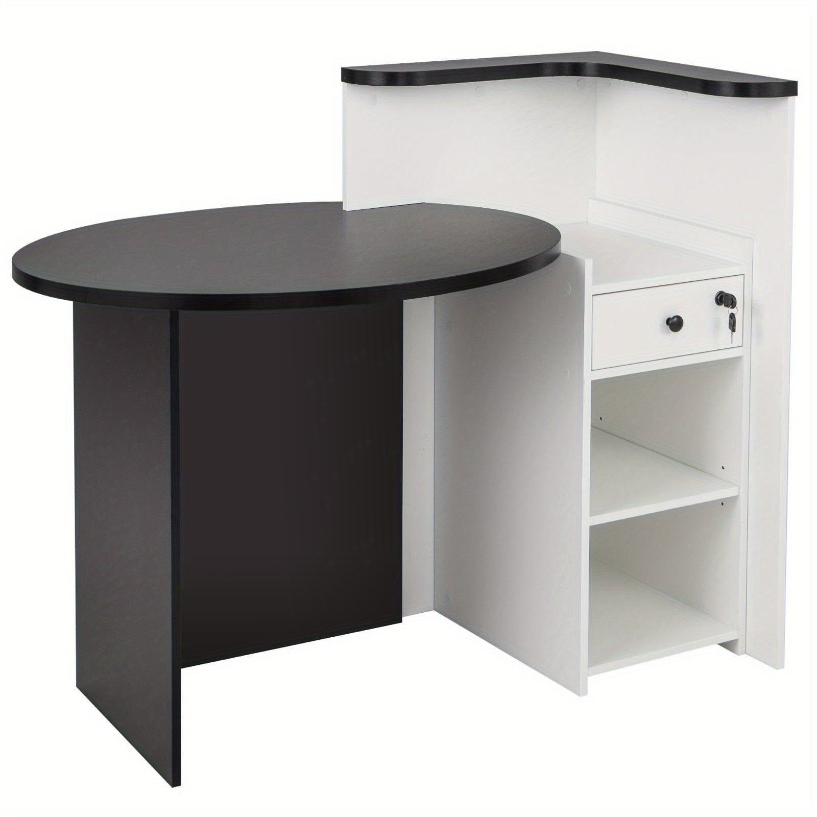 COSTWAY Modern Black Reception Desk with Lockable Drawer & Adjustable Shelf - Heavy-Duty Engineered Wood & MDF Construction, Spacious Oval Desktop (89.92cm x 69.85cm), 2-Tier Open Shelves & 3-Position Adjustable Shelving for Office, Reception  or Home - E