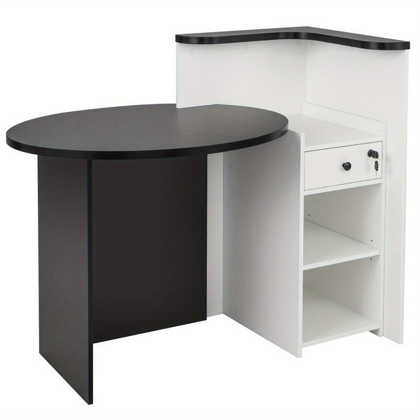 COSTWAY Modern Black Reception Desk with Lockable Drawer & Adjustable Shelf - Heavy-Duty Engineered Wood & MDF Construction, Spacious Oval Desktop (89.92cm x 69.85cm), 2-Tier Open Shelves & 3-Position Adjustable Shelving for Office, Reception  or Home - E