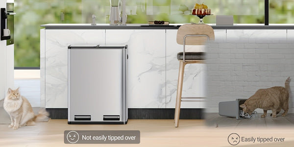 Kitchen Bin, (2 X 30L) 60L Recycling Bins, Pedal Bin with Lid, Stainless Steel Kitchen Bins Recycling And Waste, Silent Slow-Down Closing Lid, with 15 Exclusive Trash Bags, Silvery