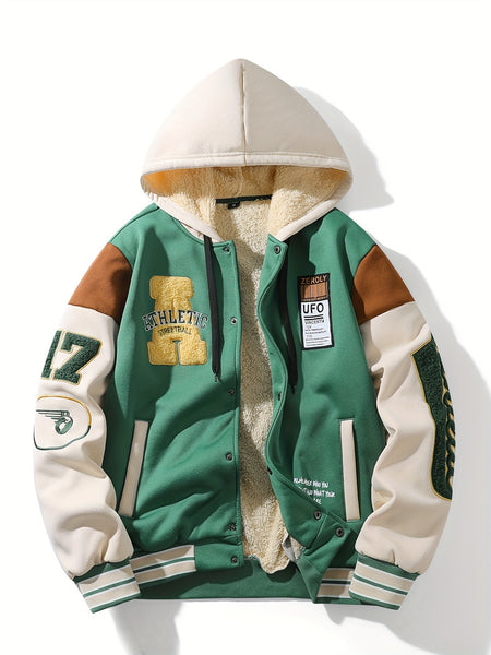Men'S Fall Winter New Letter Embroidery Contrast Color Patchwork Outdoor Sports Fashion Hooded Baseball Jacket Coat
