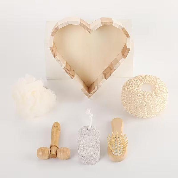 Boxed Heart-Shaped Bath Set - A wooden spa gift kit for bathrooms, featuring a heart-shaped wooden bucket. Includes a loofah, pumice stone, massager, and brush. This natural relaxation and body care kit is ideal for home use and bathroom decoration.
