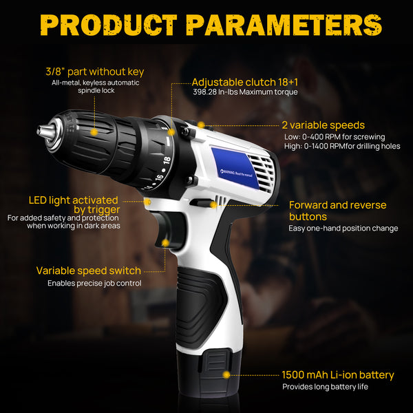 Cordless Drill Driver Power Combi Drill Kit Electric Screwdriver Set with 2-Speed, 18+1 Torque 3/8