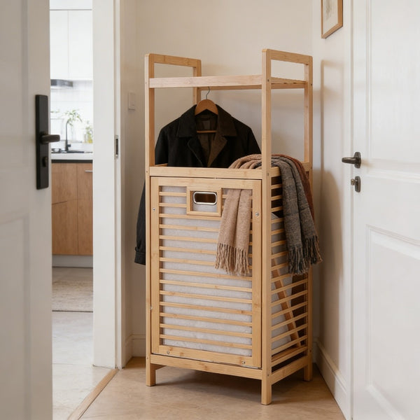 Tilt Out Laundry Hamper, Bamboo Laundry Basket with Foldable Bag and 3 Open Shelves, Freestanding Clothes Storage Organizer for Bedroom, Bathroom, Living Room