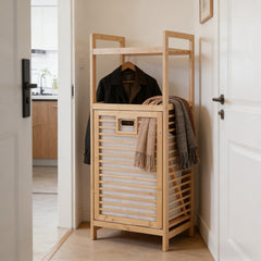 Tilt Out Laundry Hamper, Bamboo Laundry Basket with Foldable Bag and 3 Open Shelves, Freestanding Clothes Storage Organizer for Bedroom, Bathroom, Living Room