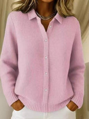 Trendy Women's Solid Color Waffle Lapel Cardigan, Fashion Soft Long Sleeve Sweater Top for Women with Pockets, Casual Knitwear Outwear for Fall & Winter Office Commute & Casual Occasions, Versatile Warm Women's Daily Knitwear