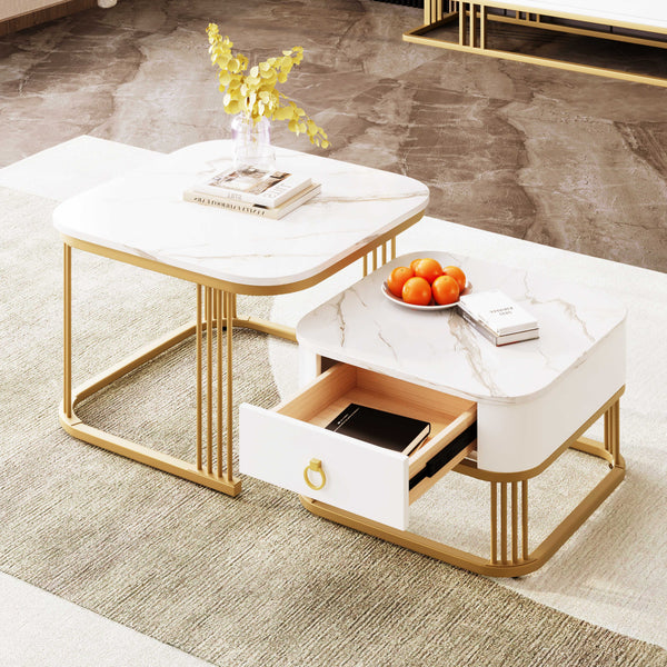 Modern Pedestal Base Space Saving Coffee Table Set of Two, Engineered Wood and Artificial Board Construction, Hardwood, Black Finish, High Gloss Stone Table Top, Metal Golden Accents, with Drawer, Without Electricity, Battery Free.