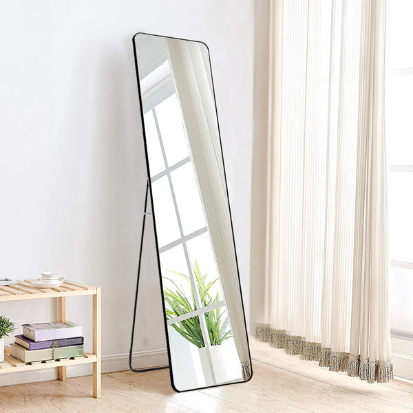 Full Length Mirror 147x37cm Aluminium Alloy Standing/Wall Rectangular Floor Mirror for Bedroom, Hallway & Dressing Room Lean, Hang or Mount (Black)