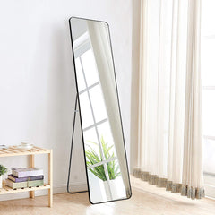 Full Length Mirror 147x37cm Aluminium Alloy Standing/Wall Rectangular Floor Mirror for Bedroom, Hallway & Dressing Room Lean, Hang or Mount (Black)