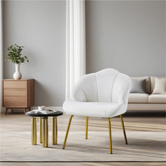 Costoffs Velvet Accent Chair Modern Side Chair Vanity Chair Leisure Chair with Shell-shaped Backrest and Golden Metal Legs, Versatile Use Lounge Chair for Living Room/Bedroom/Home Office/Kitchen, White/Pink