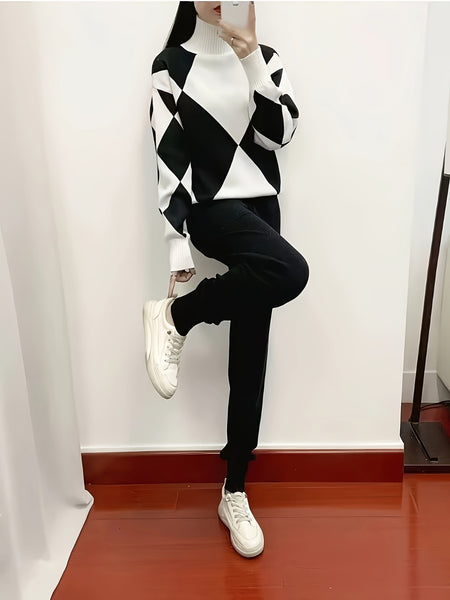 Women's Fashionable Plaid Sweater Set, New Autumn/ winter Style, Casual Plaid Two-piece Sweater Set, Drawstring Elastic Waist, Side Pockets, Suitable for Autumn/ winter Casual Wear and Daily Commuting, Combining Fashion and Warmth.