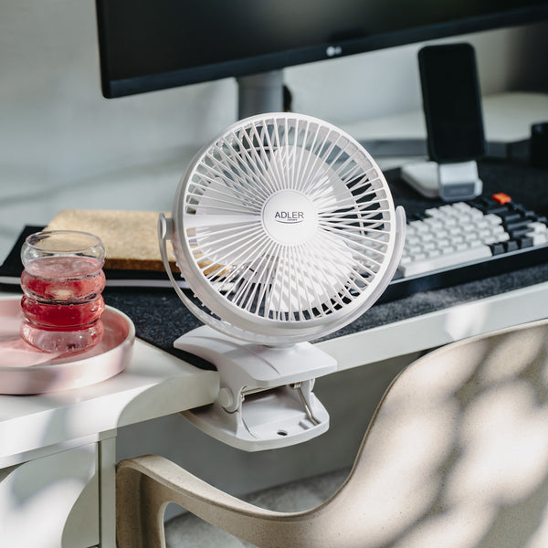 Desk fan with clip, rechargeable, 15.5 cm, 360° rotation, USB-C, Adler