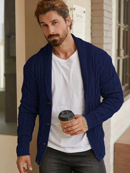 Men'S Solid Cable Knit Cardigan Fall Winter Button-Up Knit Coat