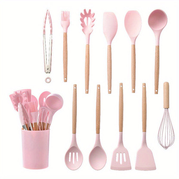 12pcs Silicone Kitchen Utensil Sets, Wooden Handle Cooking Utensils Set with Storage Bucket, Heat Resistant Non Stick Kitchen Utensils Set, Pink Kitchen Accessories Set