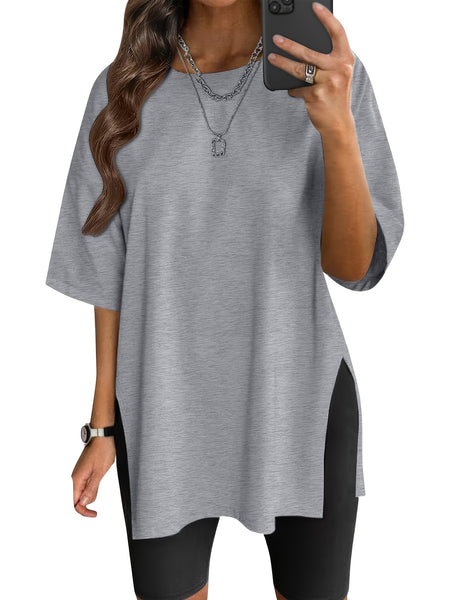 3pcs Oversized Women'S Loose Top Round Neck Casual Basic Shirt Fashion Side Slit Loose Short Sleeve T-Shirt