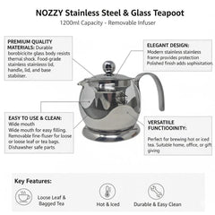 Glass Teapot with Stainless Steel Infuser, 800ml Borosilicate Tea Pot, Clear Modern Design with Strainer for Loose Tea, 4-6 Cups