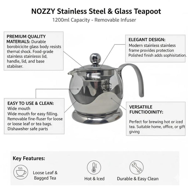 Glass Teapot with Stainless Steel Infuser, 800ml Borosilicate Tea Pot, Clear Modern Design with Strainer for Loose Tea, 4-6 Cups