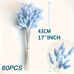60pcs Sky Blue Artificial Pampas Grass | Soft Fluffy Bohemian Style, Polyester, Long-Lasting Floral Arrangements for Weddings, Home & Parties
