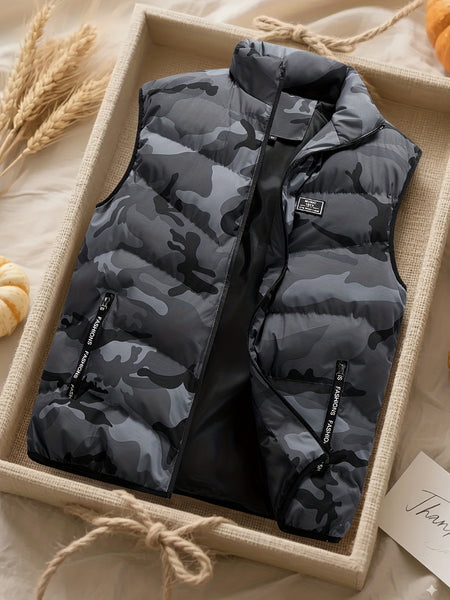 Men's Premium Camouflage Vest, Lightweight Warm Sleeveless Winter Jacket with Zippered Pockets and Stand-up Collar, Breathable Camo Outdoor for Hiking, Hunting, Camping, Fishing - Layered Clothing Style, Perfect as a Holiday Gift