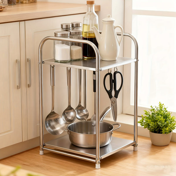 Heavy-Duty 2-Tier Stainless Steel Shelving Unit - Free-Standing/-Mountable Wire Storage Rack with Polished, Easy Assembly, Space-Saving Small Square Shelf Suitable for Kitchen, Coffee Station, Bathroom, Bedroom Organization, Utility Racks