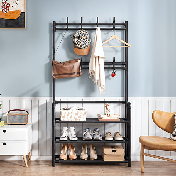 Coat and Hat Stand 8 Hooks Metal Shoe Rack 3 Tiers Shelf Hanger, Multifunctional Hallway Organizer Clothes Umbrella Bag Hanger, Easy Assembly, Black Versatile Clothes Drying Rack For Living Room Balcony